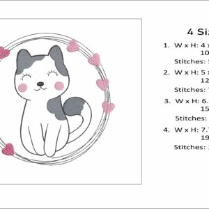 Sweet Kitty Love Doodle Circle and Hearts Embroidery Design