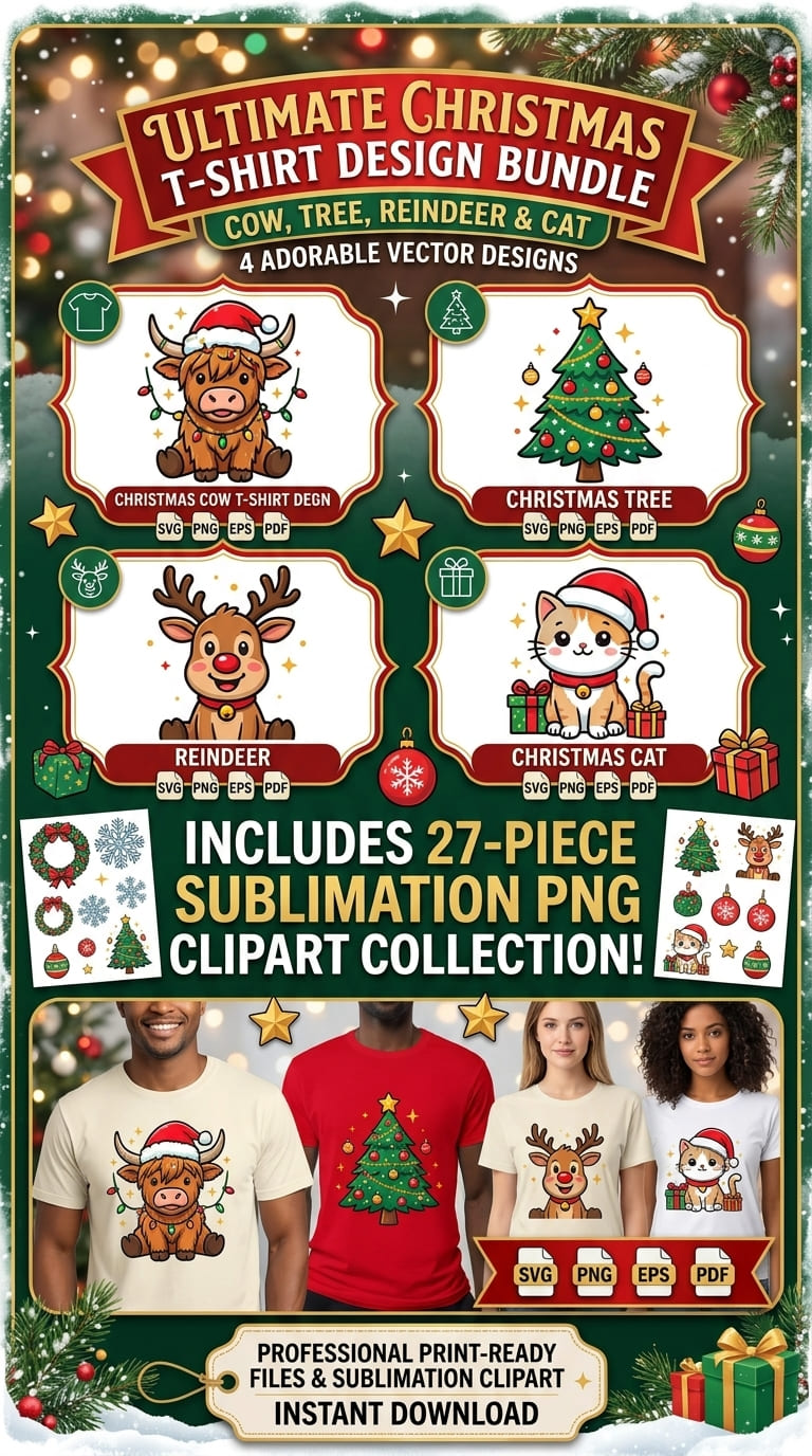 Christmas T-Shirt Design Bundle – Cow, Tree, Reindeer & Cat PNG SVG EPS PDF + 27-Piece Sublimation PNG Clipart Collection