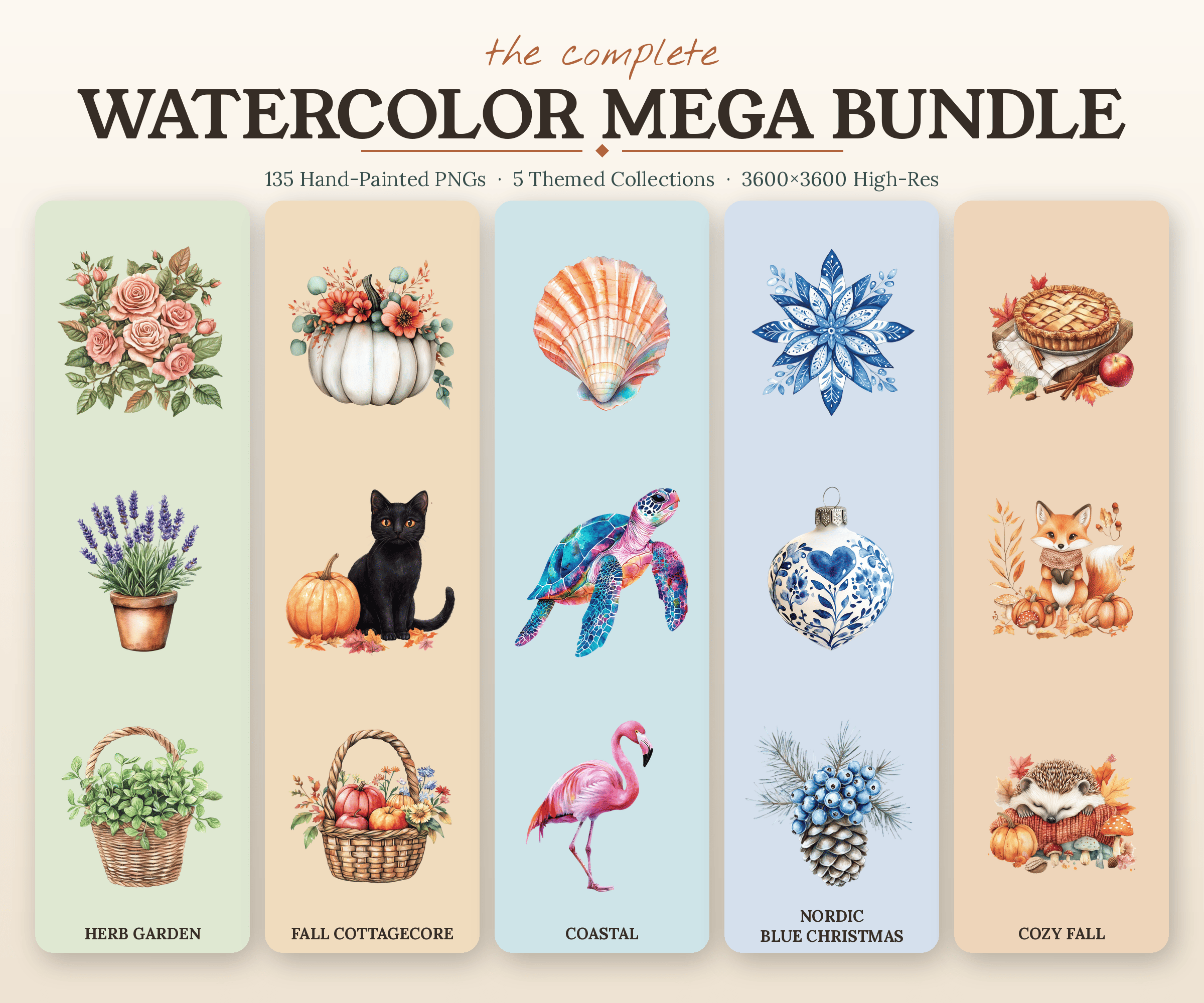 135 High-Resolution Watercolor Illustrations