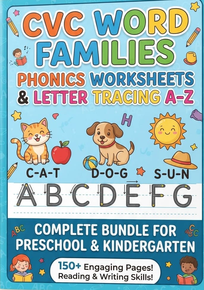 CVC Word Families Phonics and Letter Tracing A-Z,CVC Phonics Worksheet Bundle