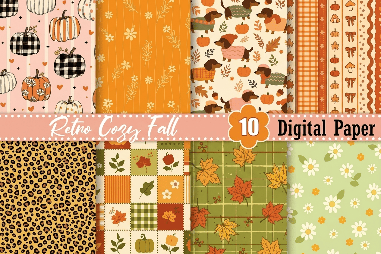 Retro Cozy Fall Digital Paper Pack